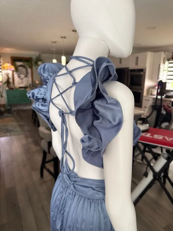 Pleated Satin Cut-Out Maxi Dress in Steel Blue - Image 2