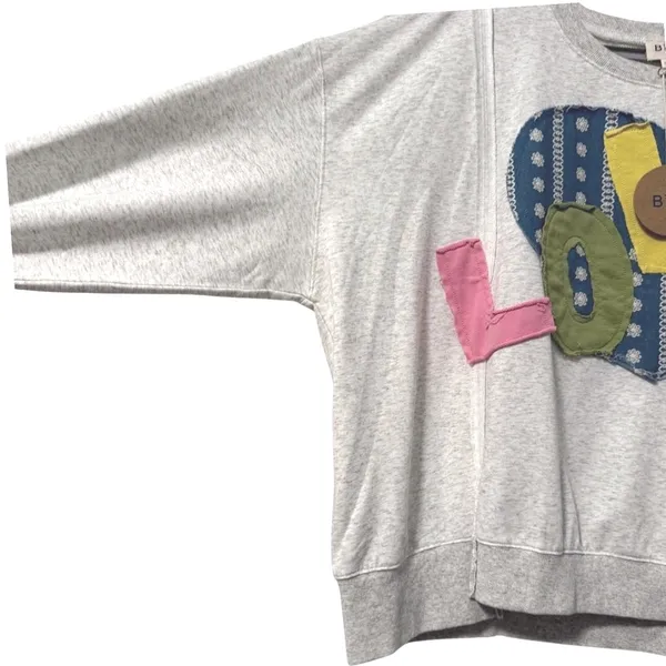 BiBi Pullover‎ Sweatshirt Gray Artsy Love Boho Patchwork Graphic Women XL/XXL - Image 3