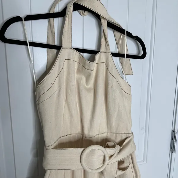 Anthropologie Moon River cream denim belted halter wide leg jumpsuit‎ small chic - Image 4