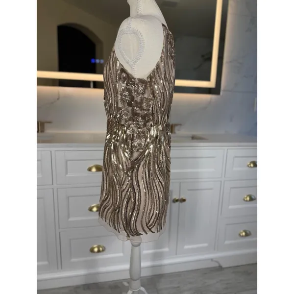 Sugar + Lip2 Sequin Mini Dress S Gold Champagne Cold Shoulder Keyhole Cocktail - Image 14