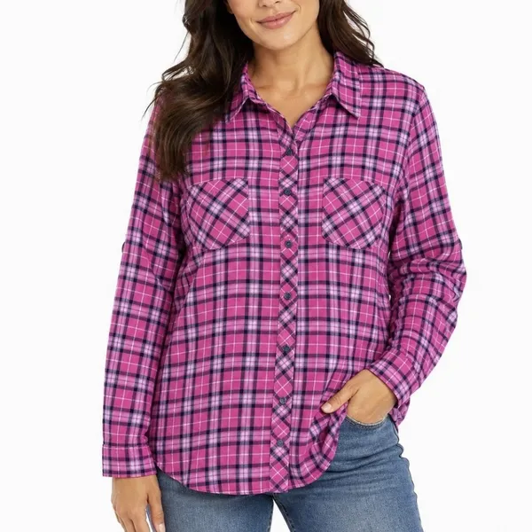 LL Bean Pink Plaid Cotton Roll Tab Button Up Casual Shirt Size LARGE - Image 2