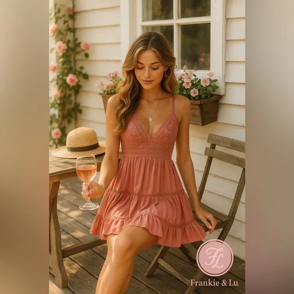 Dusty Rose Lace Tiered Mini Dress Open Back Boho Spaghetti Strap NWT - Image 5