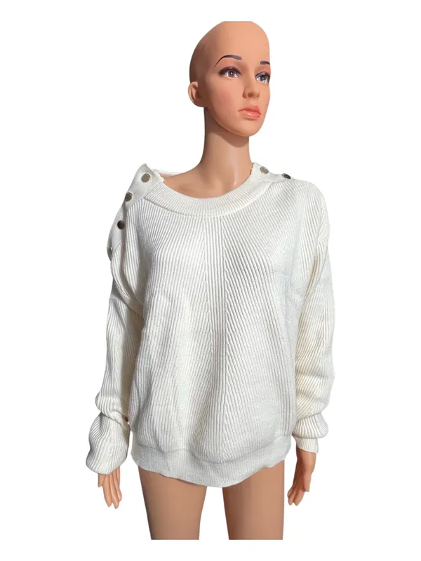 Women’s Cream Ribbed Knit Sweater Button Shoulder Detail Long Sleeve - Image 8