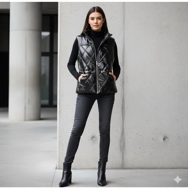 Michael Kors Quilted Puffer Vest Women Large Black Shiny Streetwear Luxe Winter - Image 2