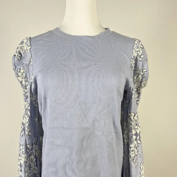 NWOT Anthropologie DOLAN Lace Puff-Sleeve Top Blue Size L Long sleeve - Image 7