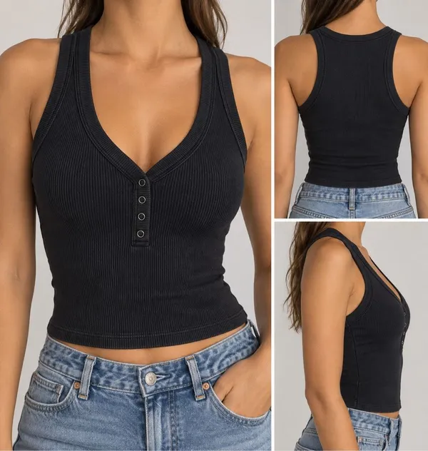 Abercrombie & Fitch XS Black Ribbed Henley Tank Top Y2K Fitted - Image 2