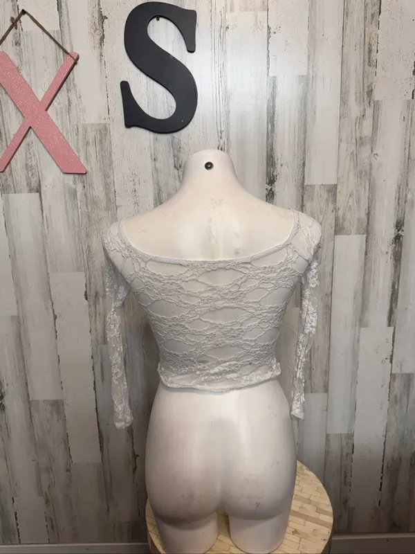SHEIN Sheer White Lace Crop Top Womens Extra Small Long Sleeve Off Shoulder - Image 2