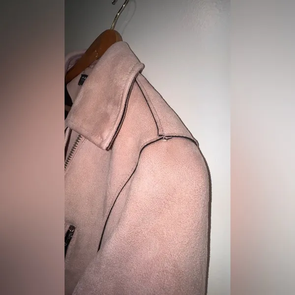 Zara Pink Moto Jacket Faux Suede Cropped Belted Size M Biker Zip Cuffs Y2K chic - Image 8