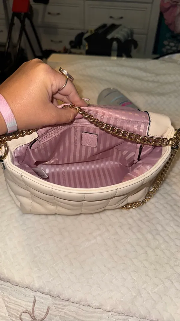 PINK - Victoria's Secret Cream/ white purse with pink stripe interior - Image 2