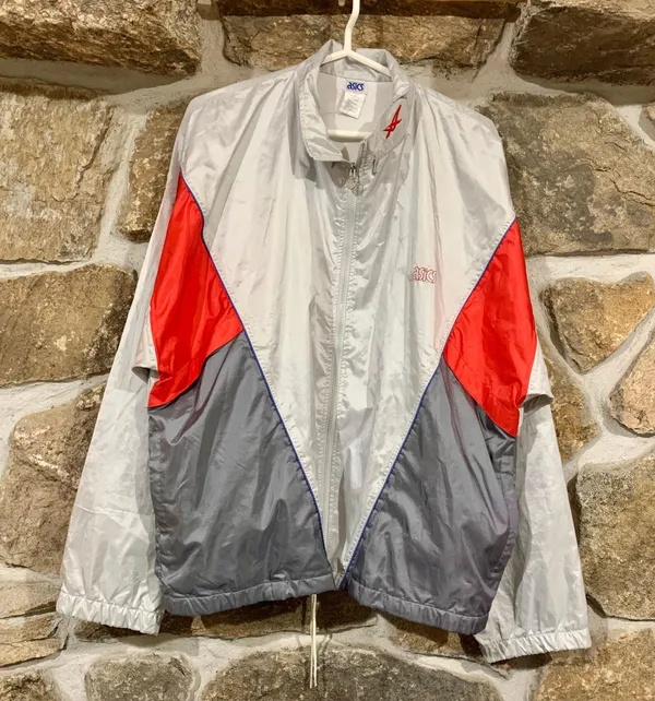 ASICS Vintage Grey/Orange Thin Lightweight Windbreaker Jacket w/ Embroidered Logo - Image 2