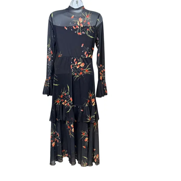 Floral Sheer Mesh Mock Neck Tiered Ruffle Midi Dress Black Orange Red Small - Image 3