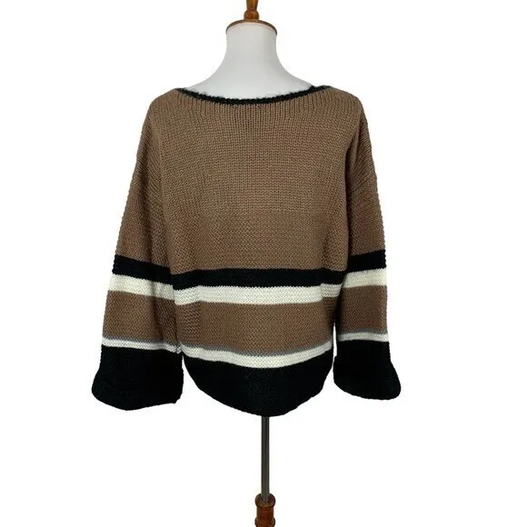 Lumiere Large Boho Chunky Knit‎ Striped Bell Sleeve Sweater Oversized Cozy Top - Image 4
