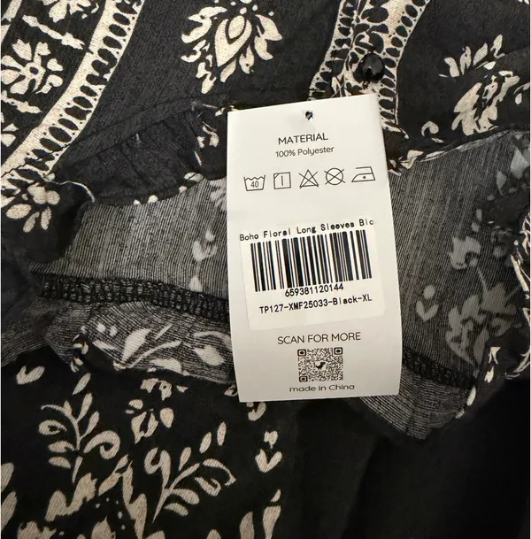 Atzbranding Boho Floral Long Sleeve Blouse Black - Image 7