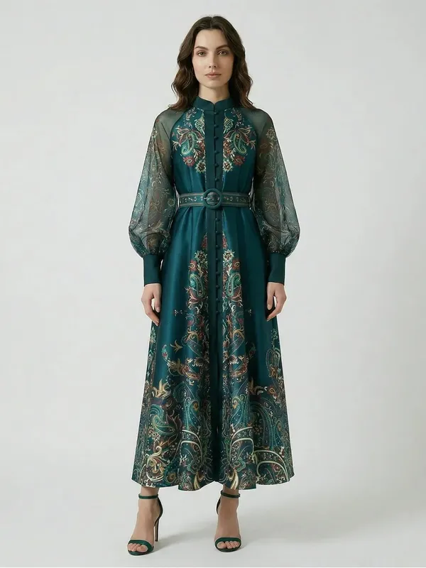 NWT DALIA MACPHEE Long Sleeve Mock Neck Printed Maxi Dress Small Belted Green - Image 3