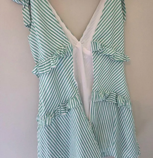 BCBGeneration Green and White Striped V-Neck Tie Shoulder Dress - Image 6