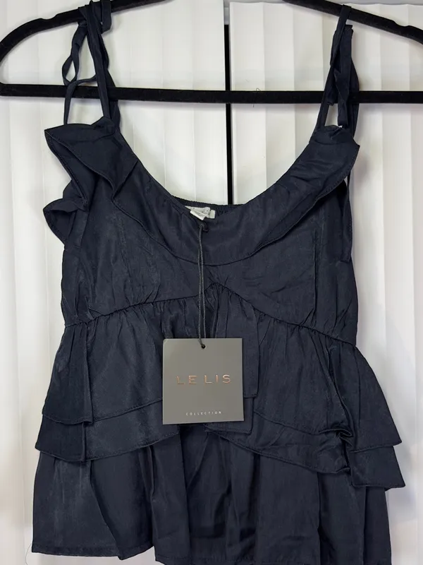 NWT LE LIS 2 Piece Ruffle Top and Maxi Skirt Matching Set in Navy Blue SMALL - Image 4