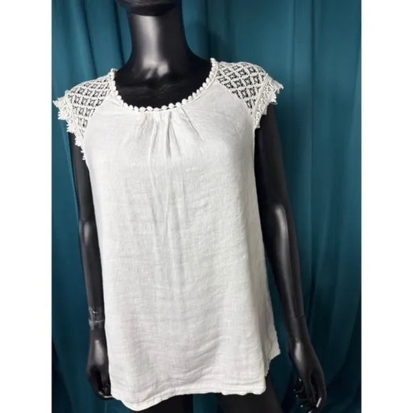 Alessia Pacini White 100% Linen Lace Sleeve Blouse Made in Italy Size M‎ - Image 2