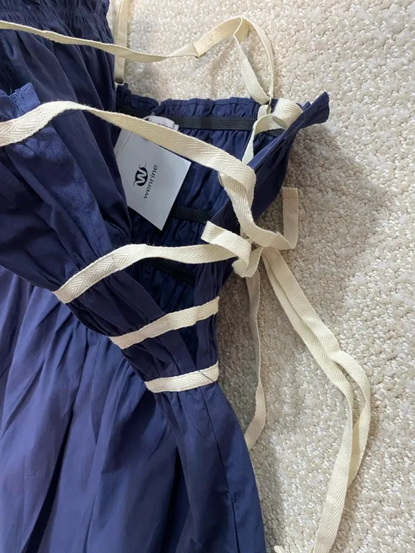 Navy Midi Dress with White Trim and Spaghetti Straps Size L 100% Cotton - Image 14