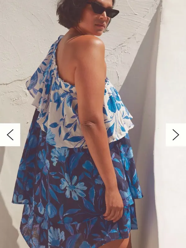 Anthropologie Boho Floral One-Shoulder Ruffle tier Mini Dress Resortwear fairy - Image 6