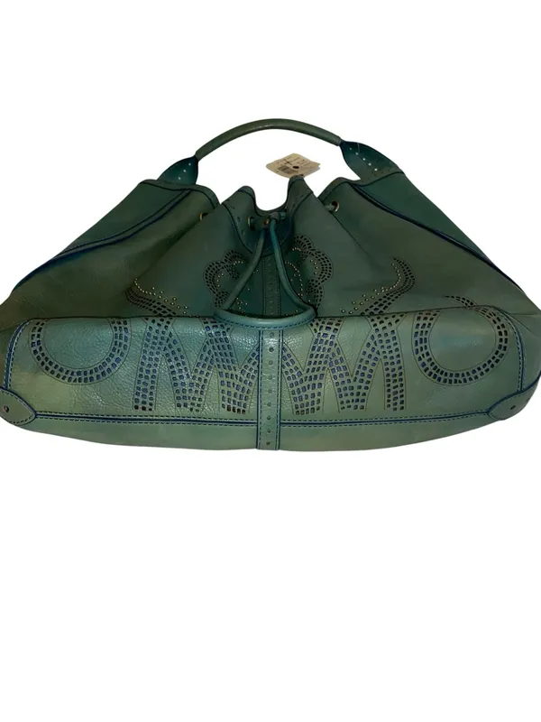 Y2K Vintage Cole Haan Teal Leather Drawstring brass studded Hobo Bag Boho fairy - Image 13