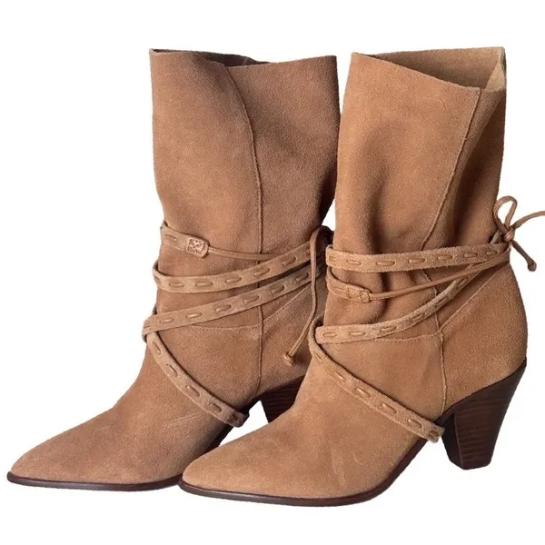 Schutz Portia Suede Ankle Boots Honey Peach Tan Leather‎ Wrap Straps Size 6B - Image 4