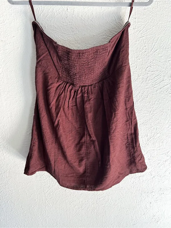 Anthropologie Celandine Linen-Blend Strapless Mini Dress Chocolate Brown Medium - Image 4