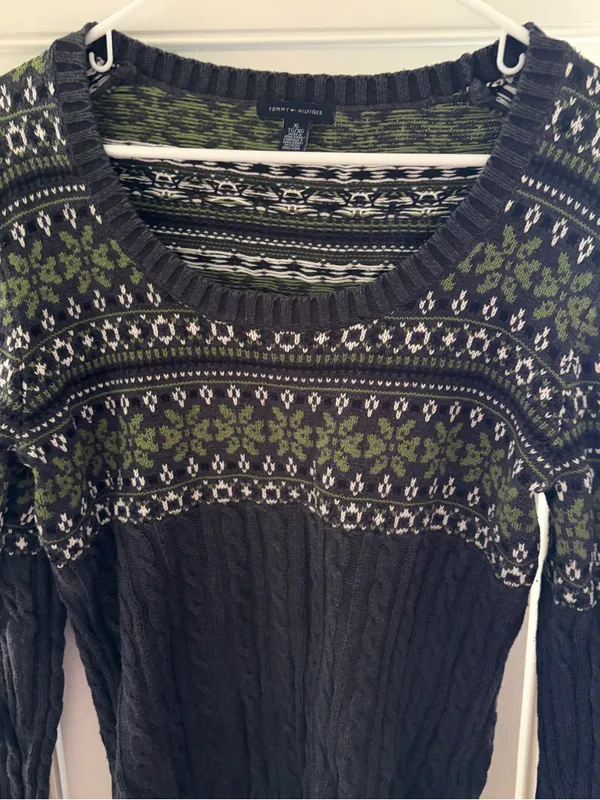 Tommy Hilfiger Sweater Womens Gray Green White Cable Knit Size XL - Image 2