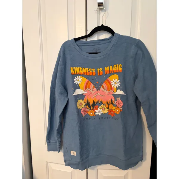 Simply Southern Blue Corded Sweatshirt Kindness Is Magic Butterfly Graphic‎ L - Image 2