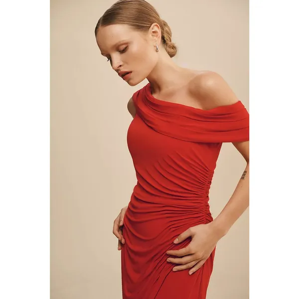 Ieena Mac Duggal Ruched Red Off-The-Shoulder Midi Dress Size 6 Cocktail Wedding - Image 9