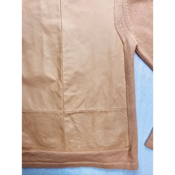 Terry Lewis Sweater Womens Medium Tan Leather Trim Ramie‎ Cotton Mock Neck - Image 9