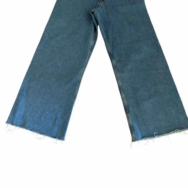 Zara Wide Leg High Rise Y2 K Raw Hem Blue Denim Fly Zip Jeans Sz 12 # 2455 - Image 3