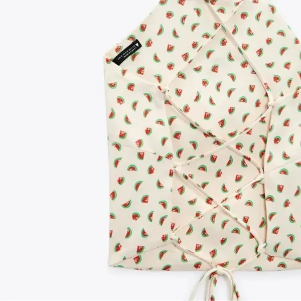 ZARA Watermelon Print Satin Effect Crisscross Lace-Up Tie Back Crop Top‎ Size XS - Image 10