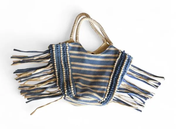 NWOT Blue Cream Boho Fringe Tote Bag Rope Handle - Image 2