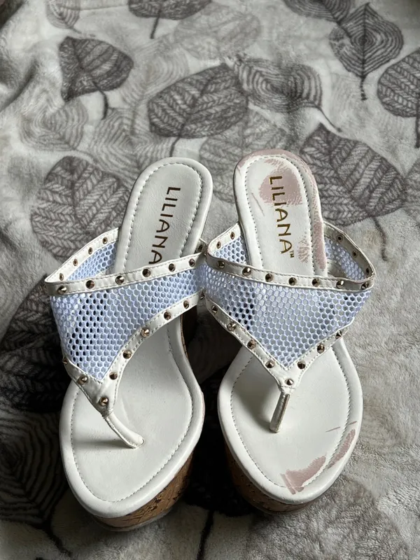 Liliana White Cork Wedge Thong Sandals with Stud Accents - Image 2