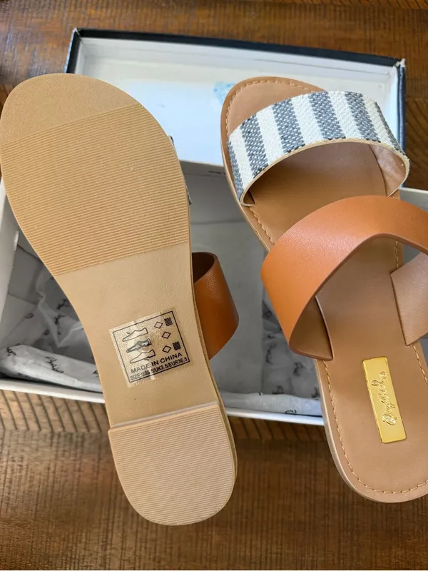 Striped Canvas & Tan Slide Sandals - Women - Image 2