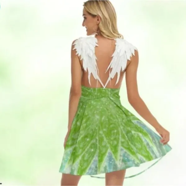 Tinkerbell Green Fairy Dress With Leafy wing Sleeves & Sparkling Small - Image 3