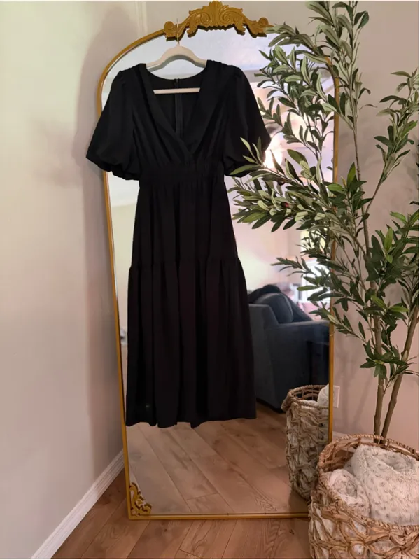 NEW Short Puffy Sleeve V Neck A-Line Flowy Wrap Wedding Guest Lined Dress S - Image 5
