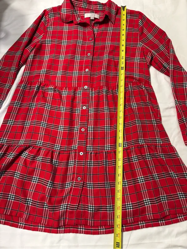 LOFT Red Preppy Plaid Long-Sleeve Button Front Dress size L - Image 4