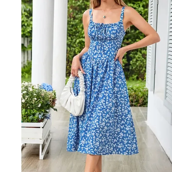 Scarlet Darkness Blue Floral Milkmaid Midi Dress Cottagecore Smocked sz Large - Image 7
