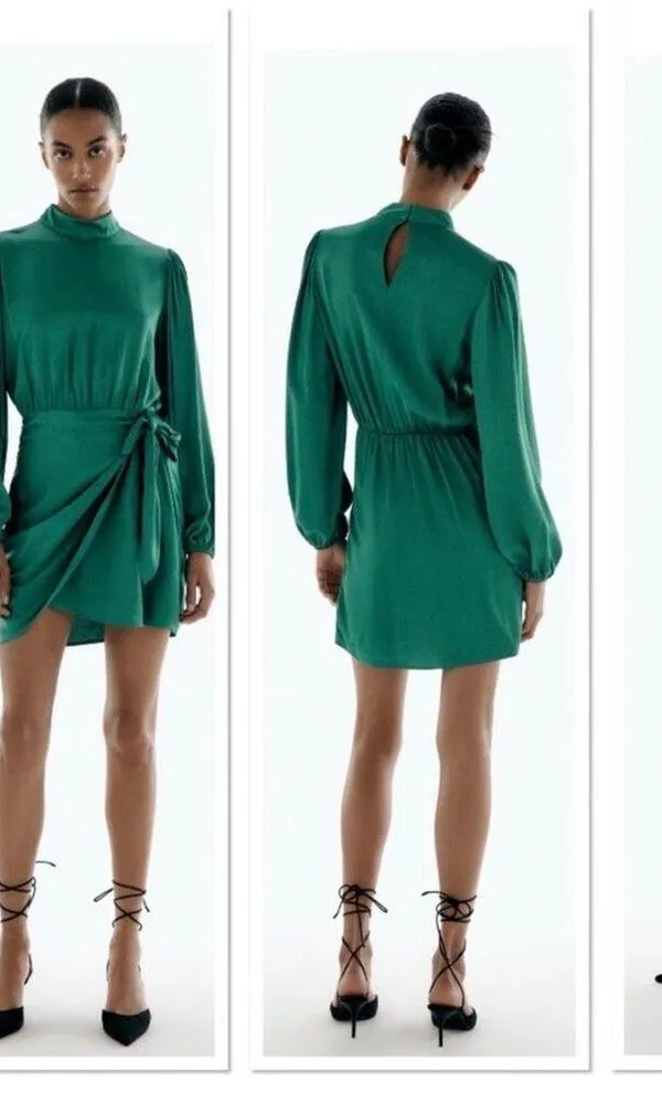 Zara Green Satin Mock Neck Faux Wrap Mini Dress Small Long Sleeve 1165/259 - Image 14