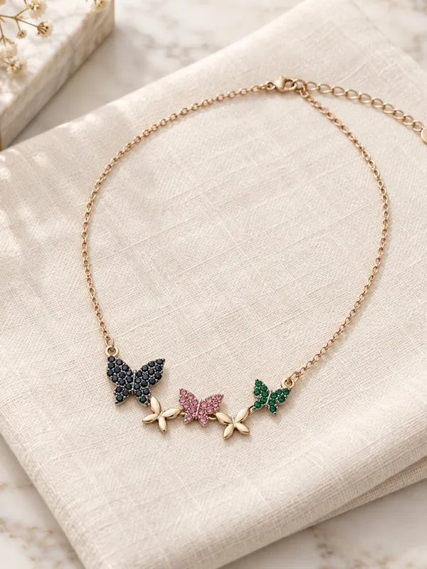 18K Gold Layered Multicolor Crystal Butterfly Pendant Necklace NWT - Image 3