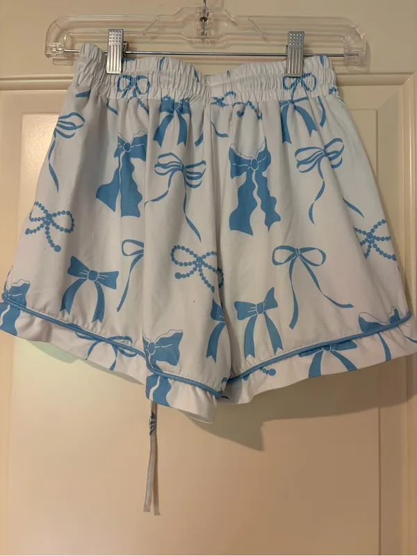 White and Blue Shorts Pajama Set with Bows Size XS - Image 7