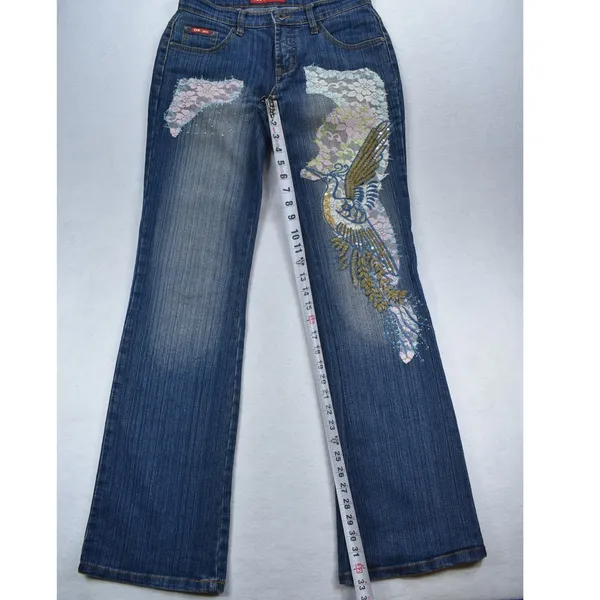 XFN Jeans Womens Blue Embroidered Peacock Lace Sequin Bootcut Denim Pants 27x31 - Image 7