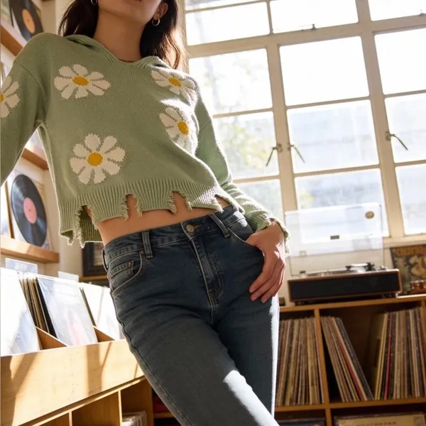 Hazel Moon Daisy Distressed Cropped Hoodie Sweater 3X Mint Green - Image 6