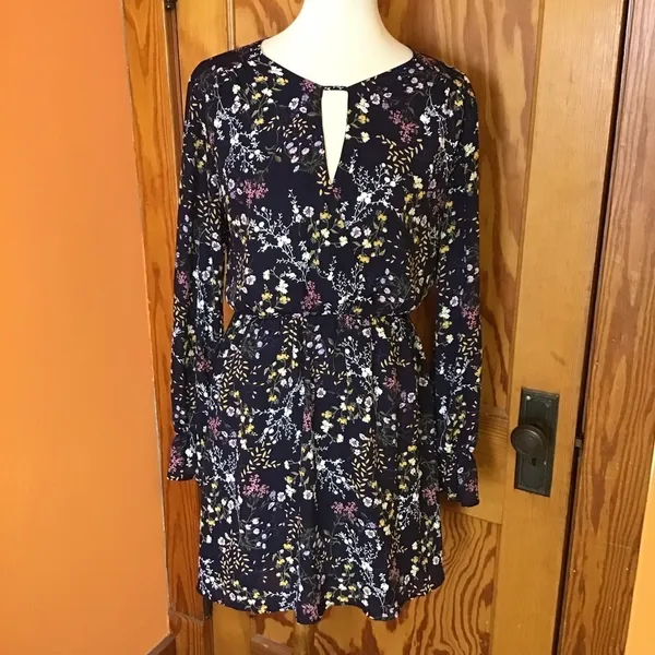 Lush Floral Long Sleeve Mini Dress Dark Academia Cottagecore Keyhole Medium - Image 7