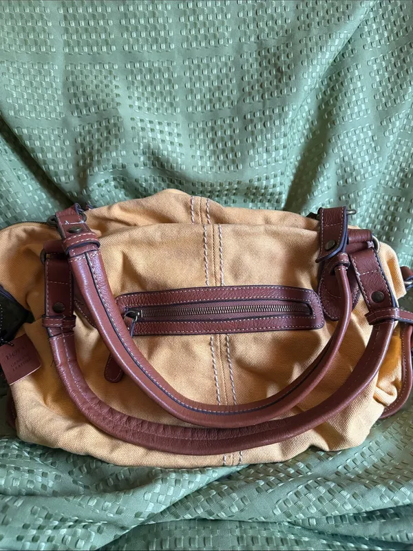 BORN Women’s Canvas Tote Bag with Brown genuine Leather Trim - Mustard - Image 2