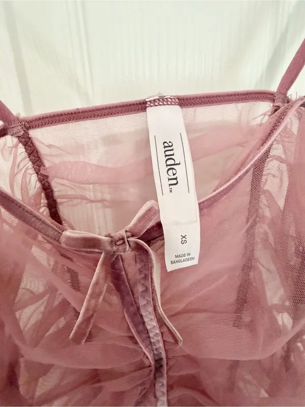NEW Auden Pink Ruched Mesh Slip Dress Sheer Tulle Bow Front Romantic Lingerie - Image 2