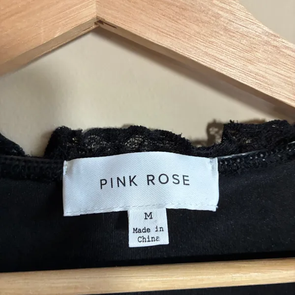 Pink Rose Lace V-Neck Cami Tank Top Medium Black Women Ruffle Trim Bow - Image 4