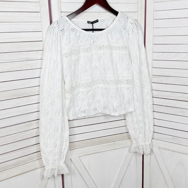 Zara Eyelet Balloon Sleeve Crop Top Shirt White Medium Cottagecore‎ Boho Country - Image 8
