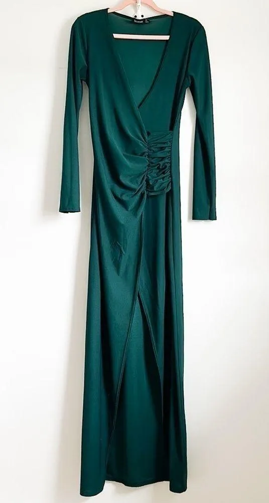 Boohoo Dark Green Long Sleeve High Slit Ruched Side Maxi Dress sz 8 - Image 4